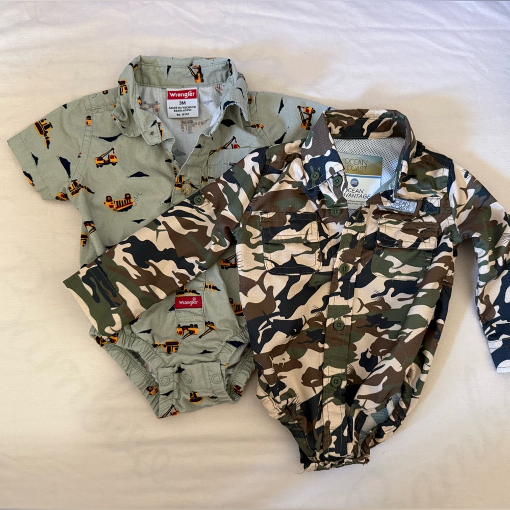 Wrangler and Ocean & Coast Kids Camouflage and Construction Print Bodysuits